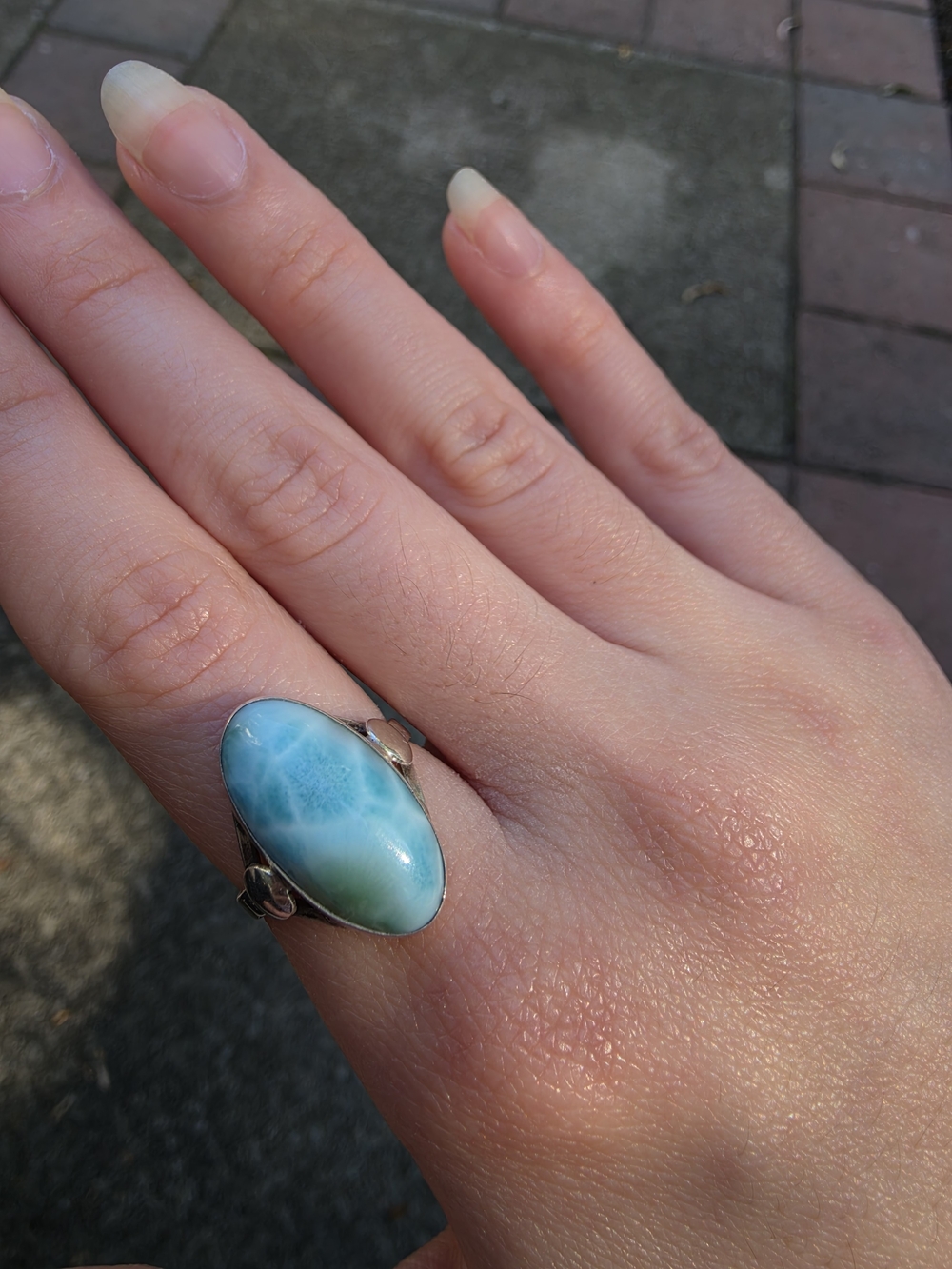 Oval Blue Stone Sterling Silver Statement Ring Size 7.5